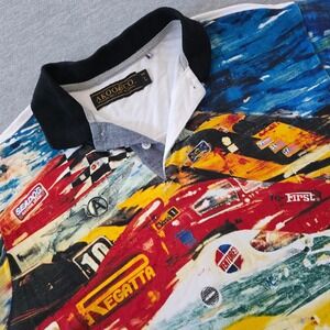 AKOO & CO Mens Graphic Print Polo Shirt Short Sleeve Racing Boats Size Large